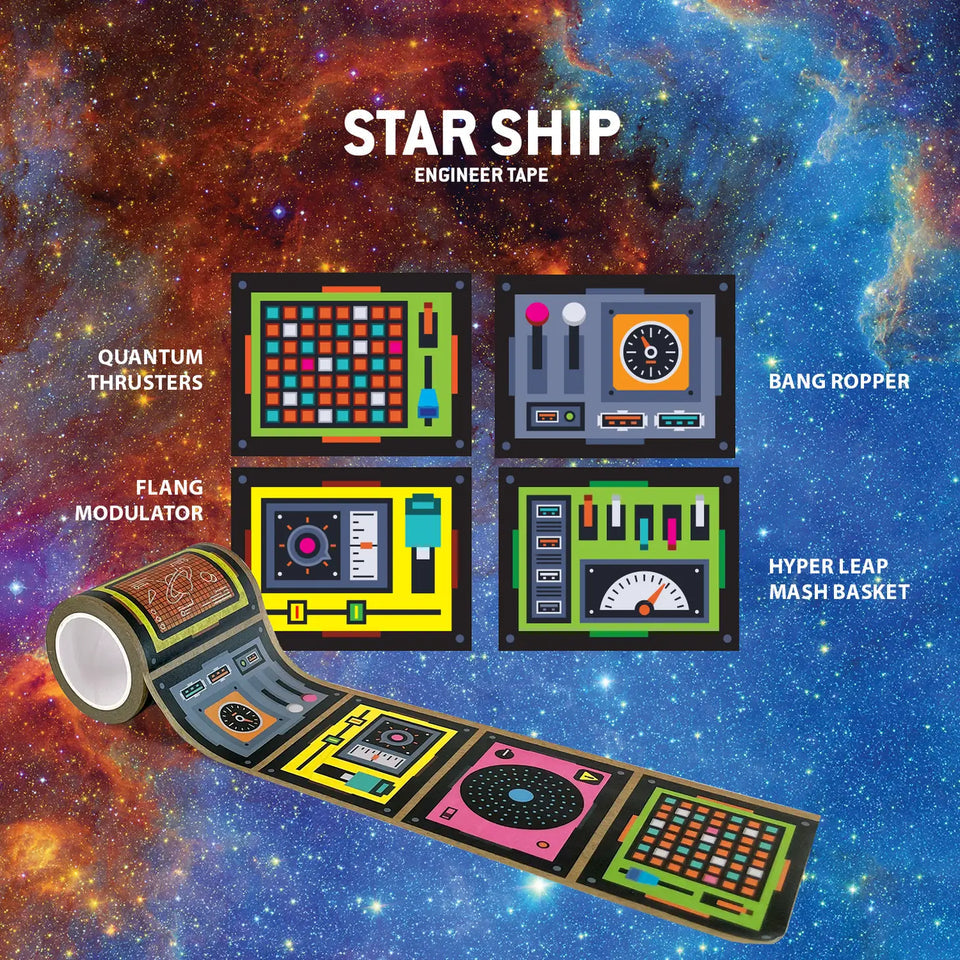 Colorful 'Star Ship' engineer tape with various designs on a space-themed background