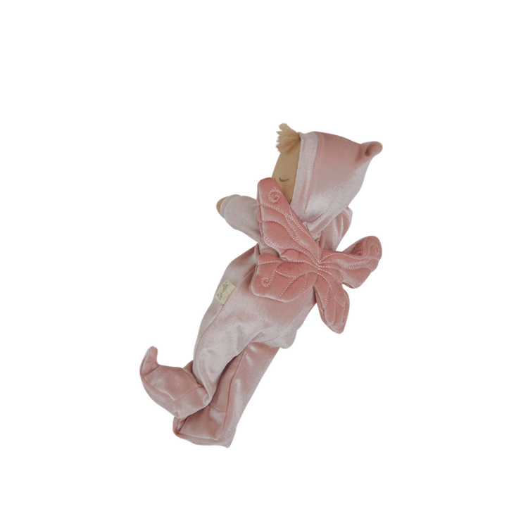 Pink plush toy with a bow on a white background