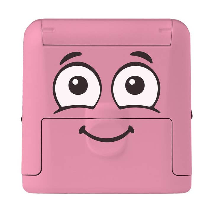 Pink toy with cartoon face on a white background