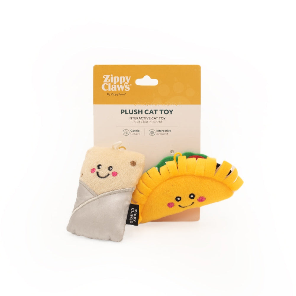Plush cat toy with packaging labeled 'Zippy Claws' on a white background