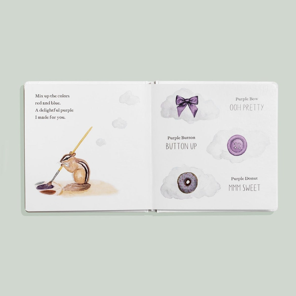 Open book with illustrations and text on a light green background