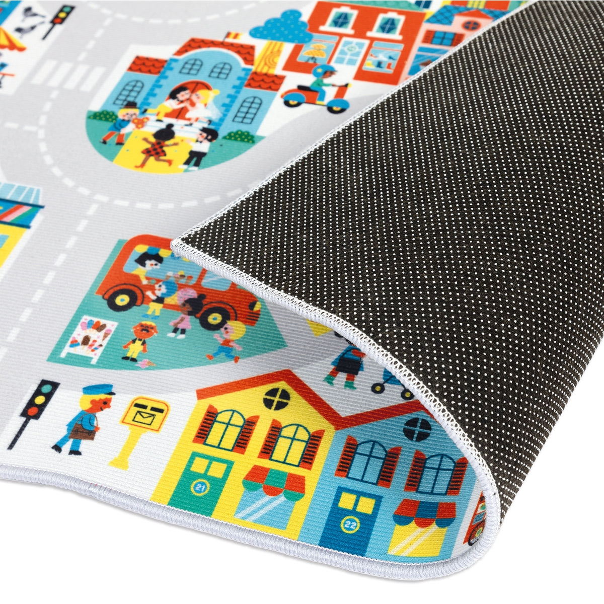 Children's play mat with colorful cityscape design on a white background