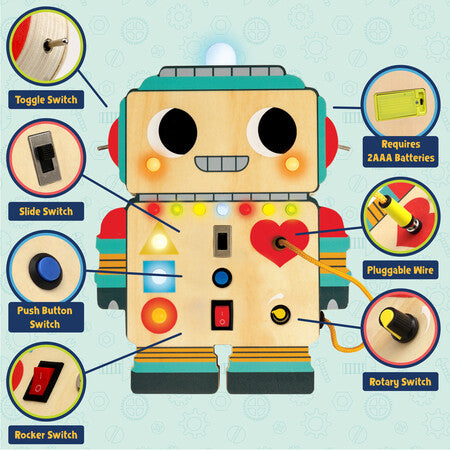 An educational wooden toy robot with interactive switches and buttons, shown with callout circles and labels explaining its features on a light blue patterned background.