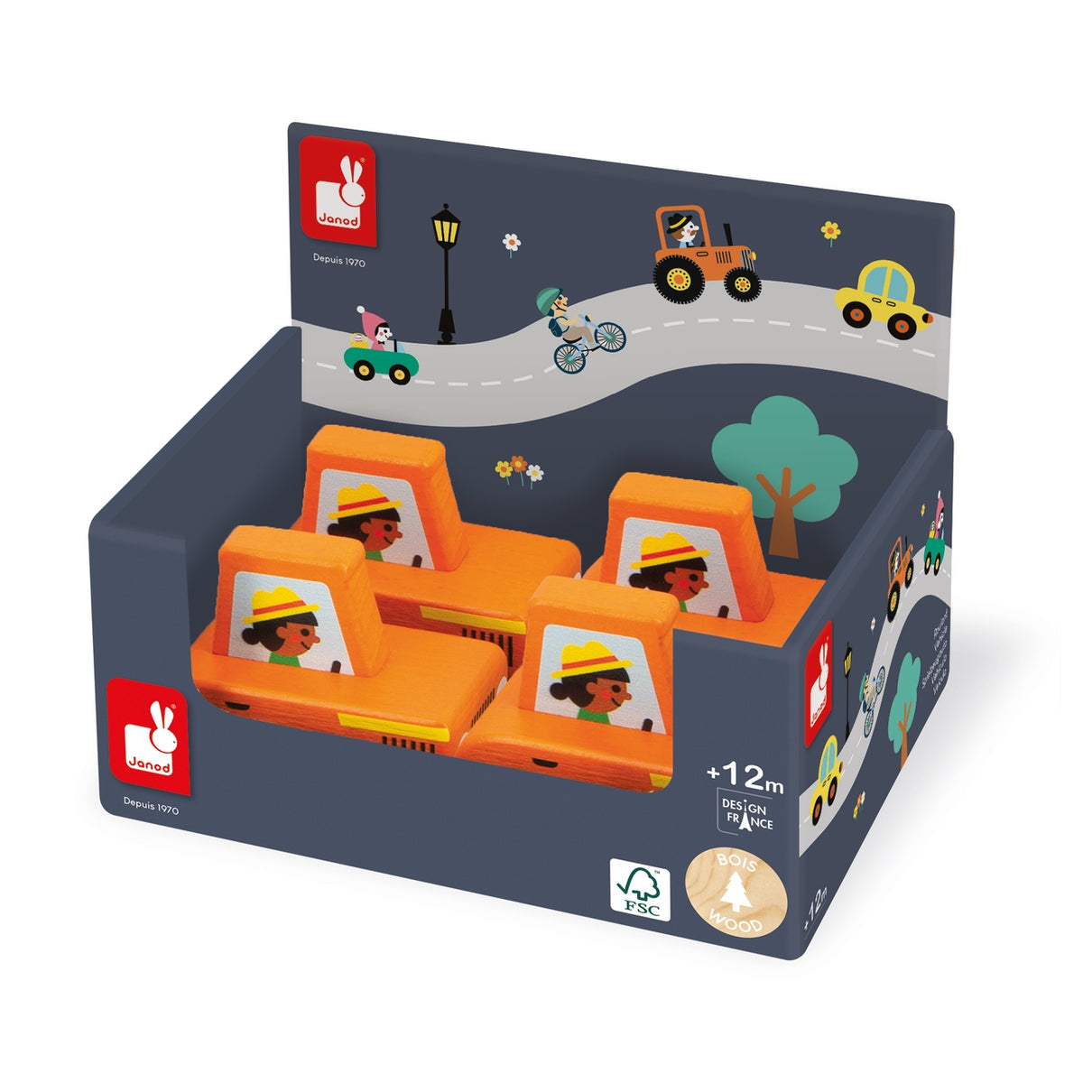 Bunny Play wooden toy set of four orange construction vehicles in a dark gray retail display box with illustrated road scene and bunny logo.