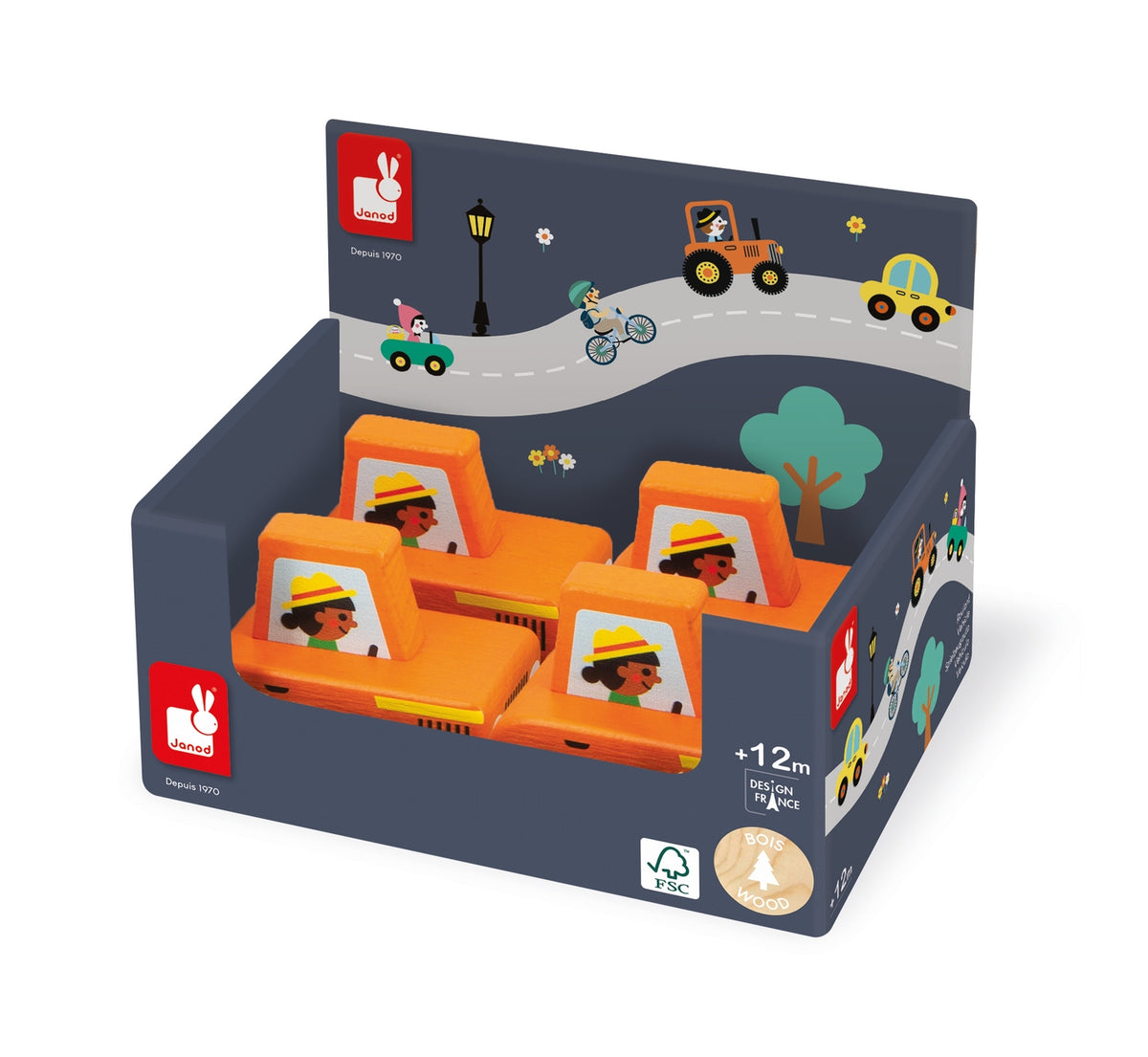 Bunny Play wooden toy set of four orange construction vehicles in a dark gray retail display box with illustrated road scene and bunny logo.