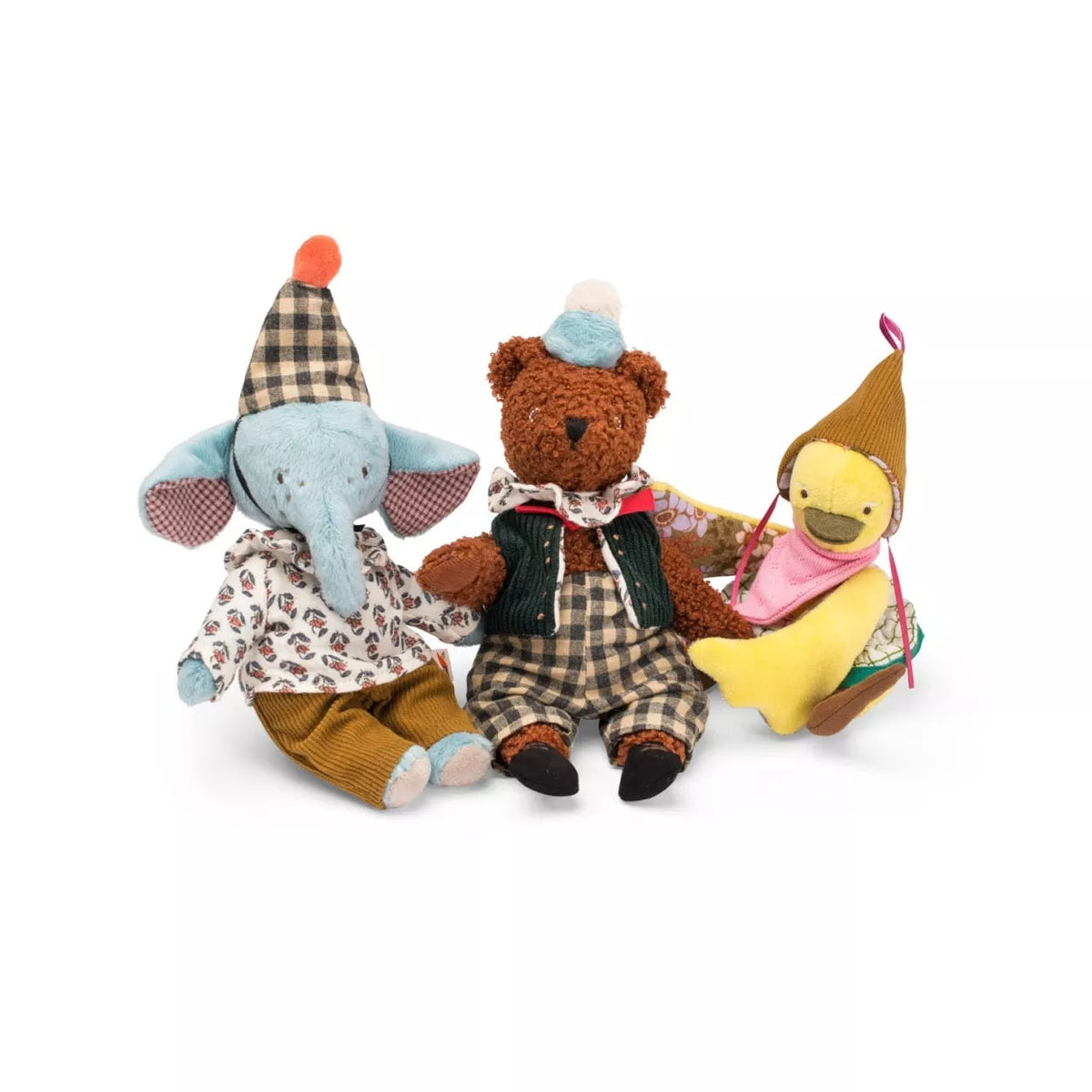 Three stuffed animals, including a bear, elephant, and duck, wearing festive hats on a white background.