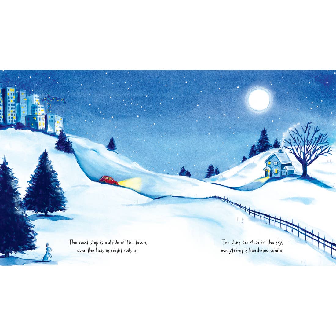 Winter landscape with snow-covered hills, trees, and a house under a full moon.