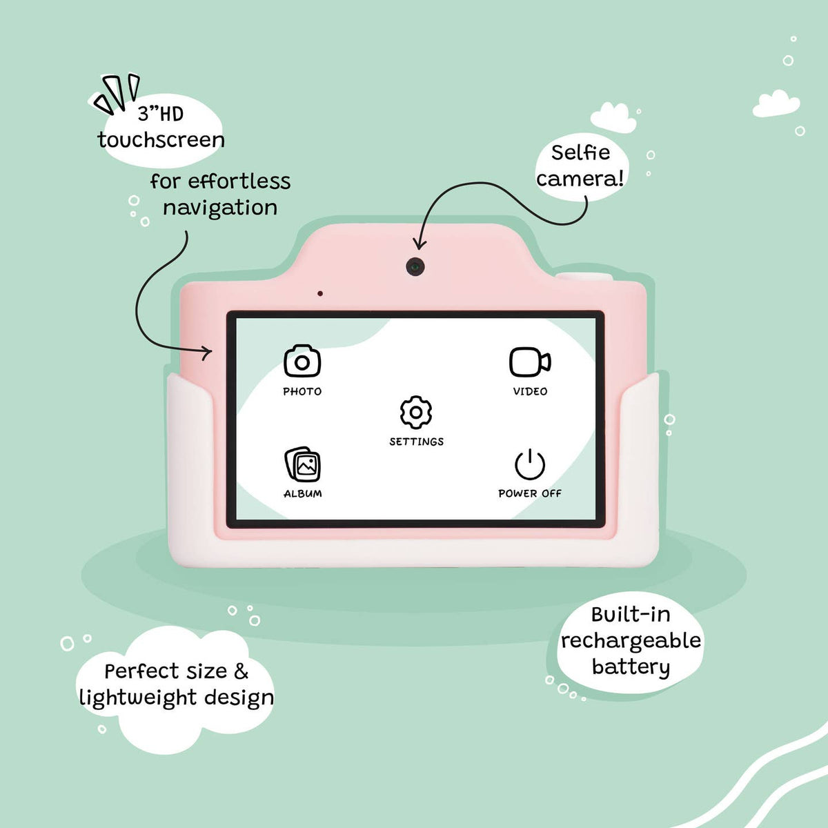 Illustration of a pink electronic device with features highlighted on a light green background