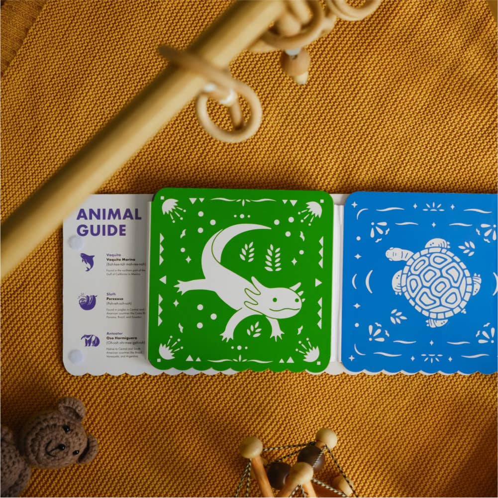 Children's educational cards on a textured surface with toys around
