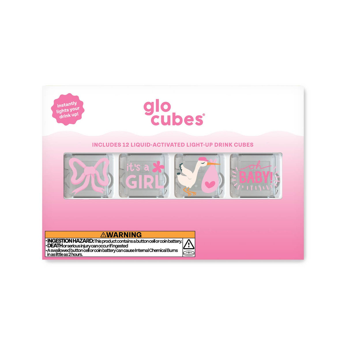 Glo Cubes 'It's a Girl' themed drink set in its original retail packaging, featuring four transparent light-up cubes with pink and white graphics: a bow, a stork, a heart, and 'it's a GIRL' text.