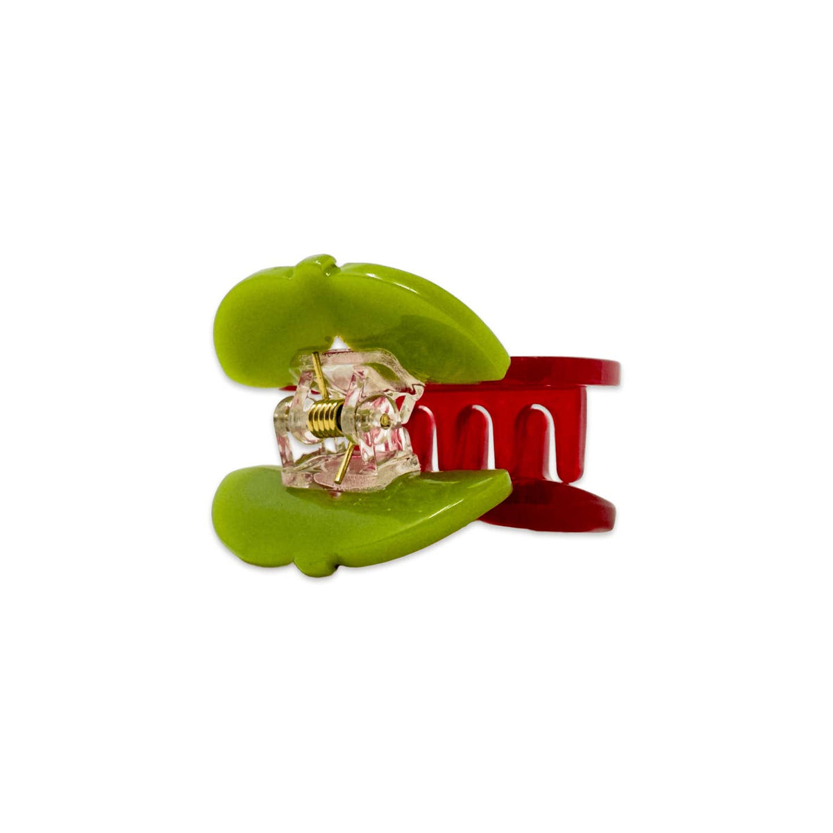Small transparent mechanical model with green and red bases on a white background