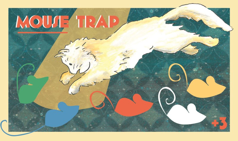 A stylized illustrated cover or graphic for a product titled "MOUSE TRAP," showing a cream-colored cat lying on a tan triangular trap with colorful mouse-shaped traps scattered below on a dark patterned background.