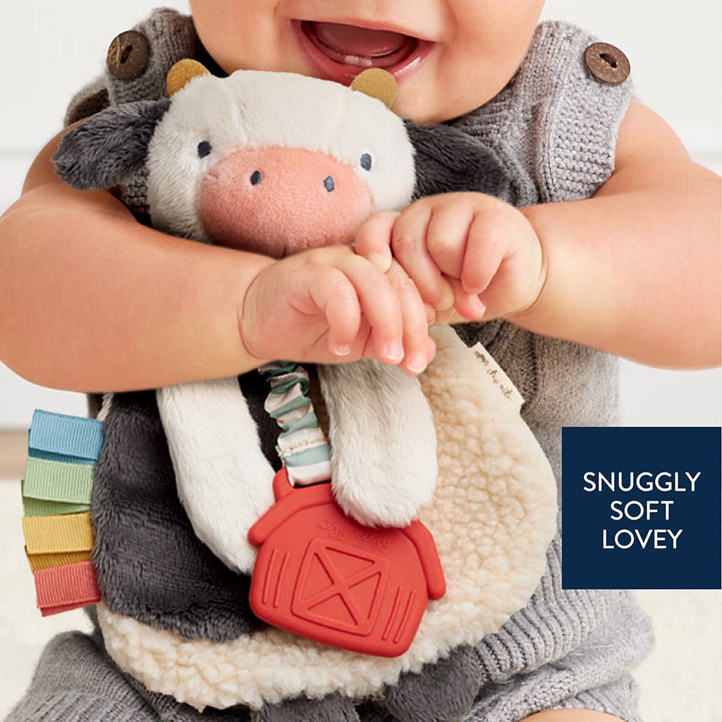 Baby holding a soft toy with text 'Snuggly Soft Lovey' on a white background