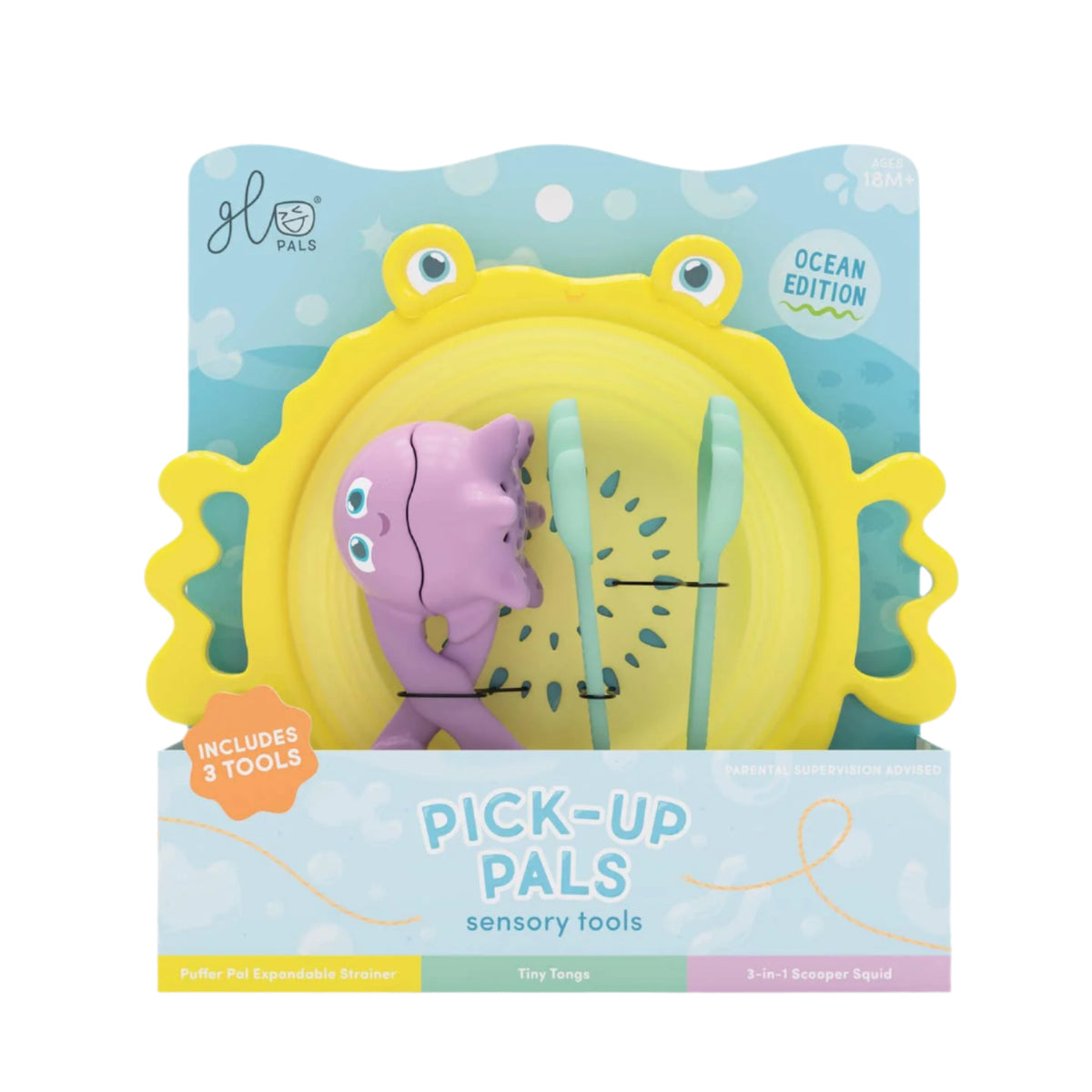Pick-Up Pals Ocean Edition sensory toy set in its retail packaging, featuring a purple octopus figure and three teal tools on a yellow frog-shaped base.