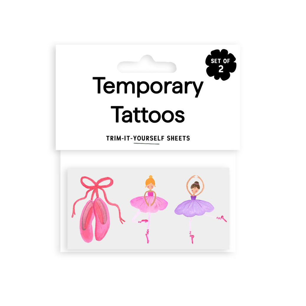 Pack of temporary tattoos with ballet-themed designs on a white background