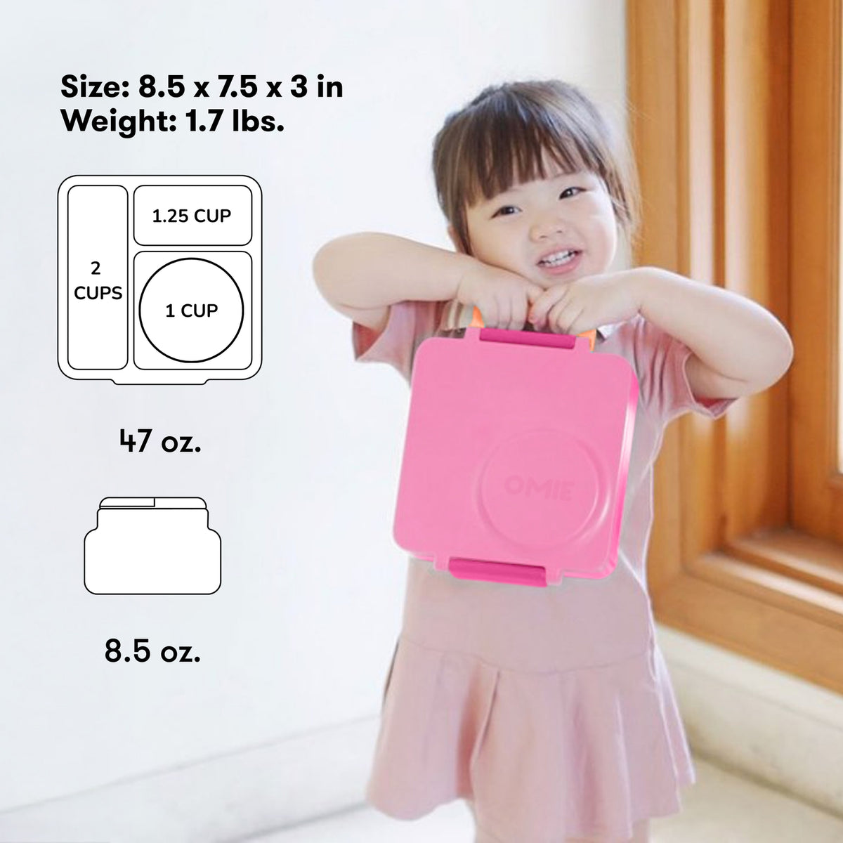 Child holding a pink container with measurements and weight displayed on a white background