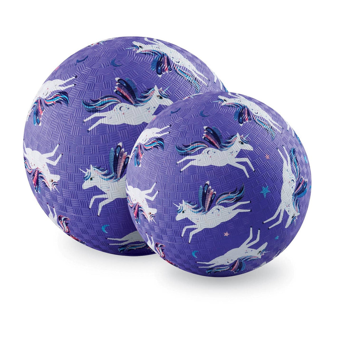 Two purple balls with unicorn pattern on a white background