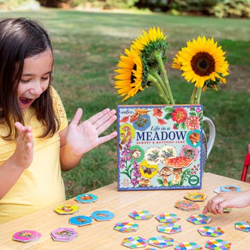 Child playing with a 'Life in a Meadow' memory matching game outdoors.