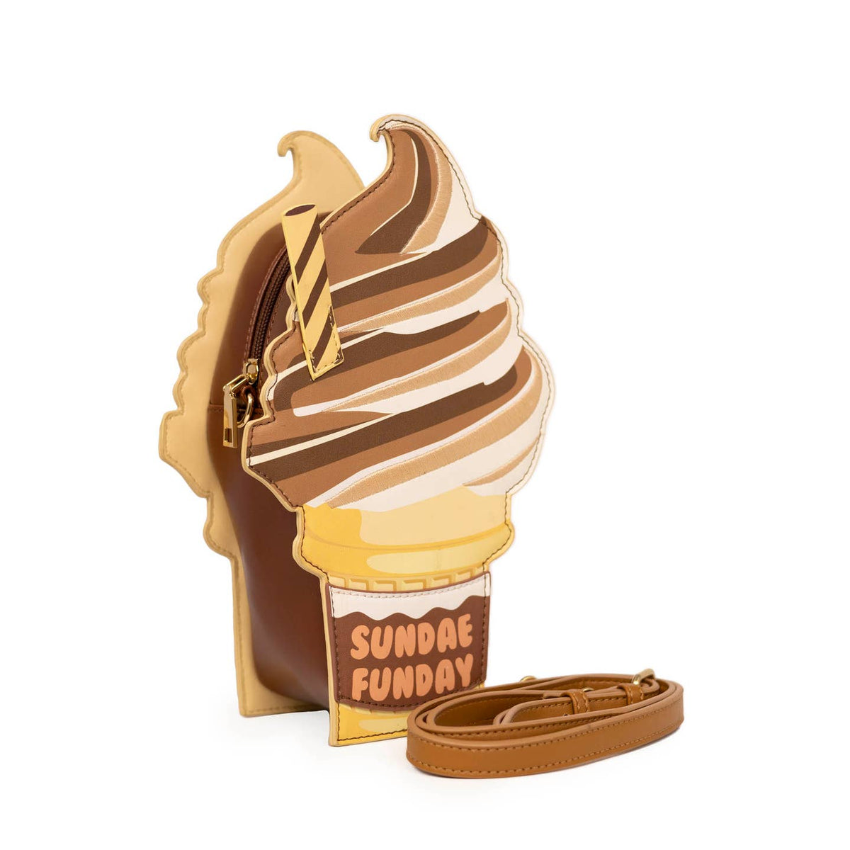 Ice cream cone-shaped purse with 'Sundae Funday' text on a white background