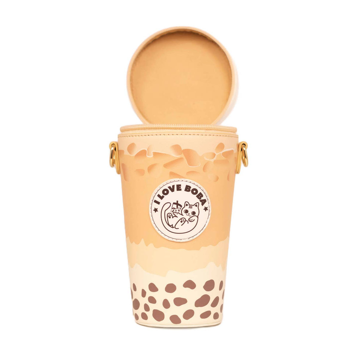 Peach-colored bubble tea cup with lid and 'I Love Boba' logo on a white background