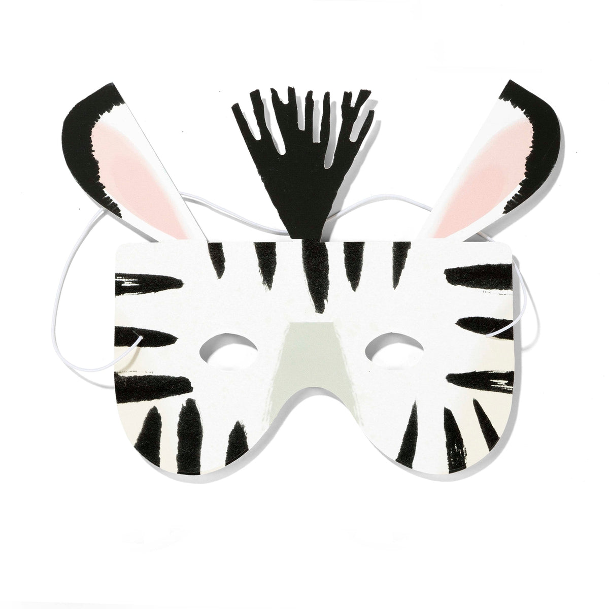 Zebra-themed party mask with black and white stripes on a white background