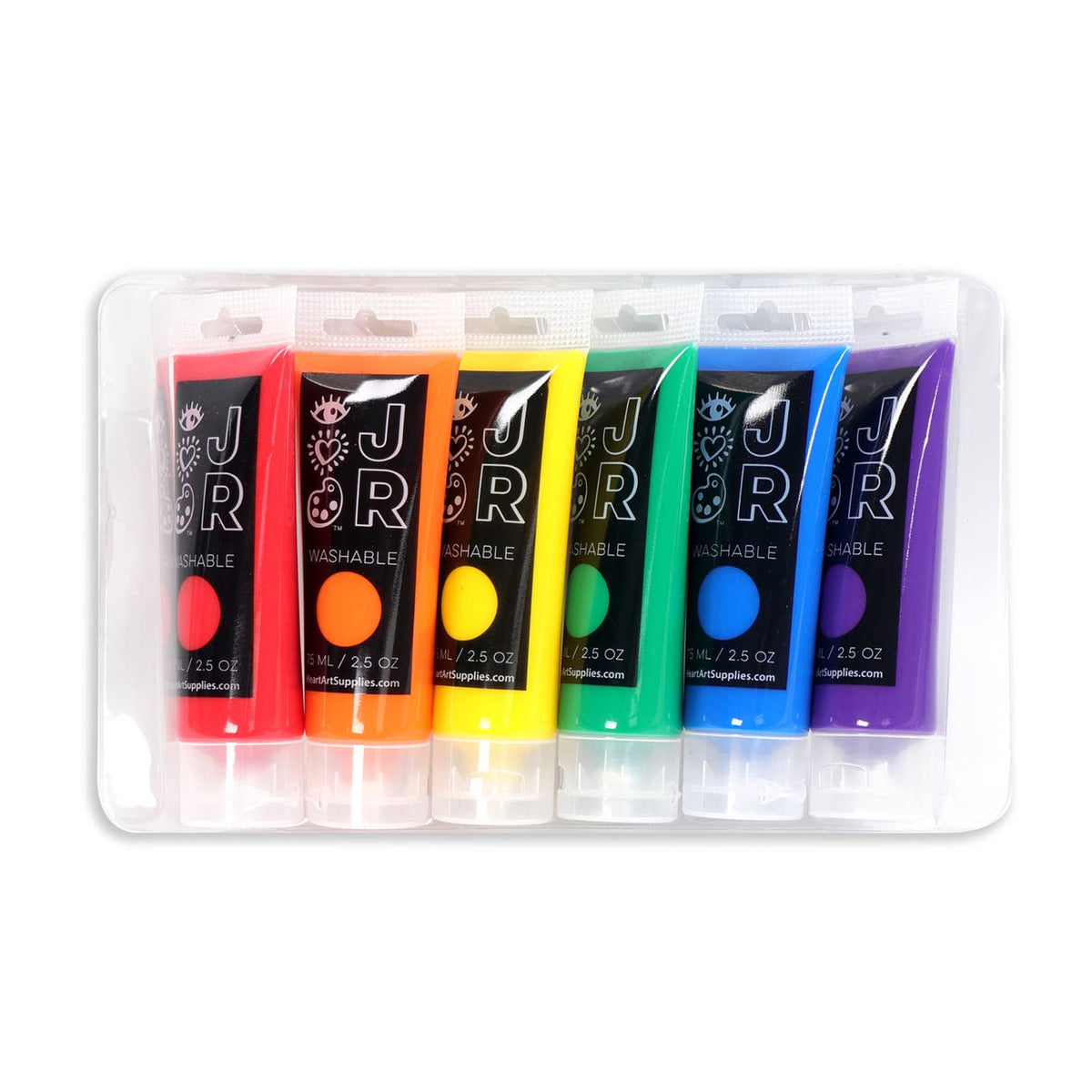 Set of six colorful paint tubes in a clear plastic case on a white background