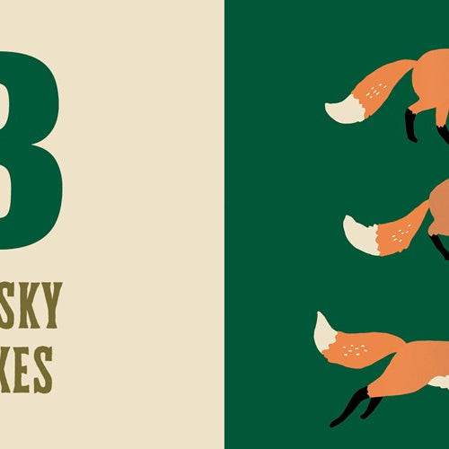 Three cartoon foxes on a green background with the text '3 Frisky Foxes' on a beige background.