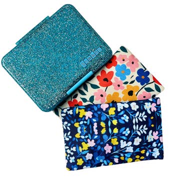 Three colorful floral-patterned cases on a white background
