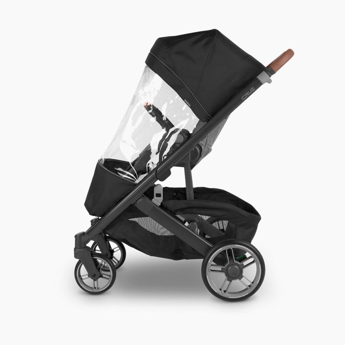 Black stroller with clear canopy on a white background