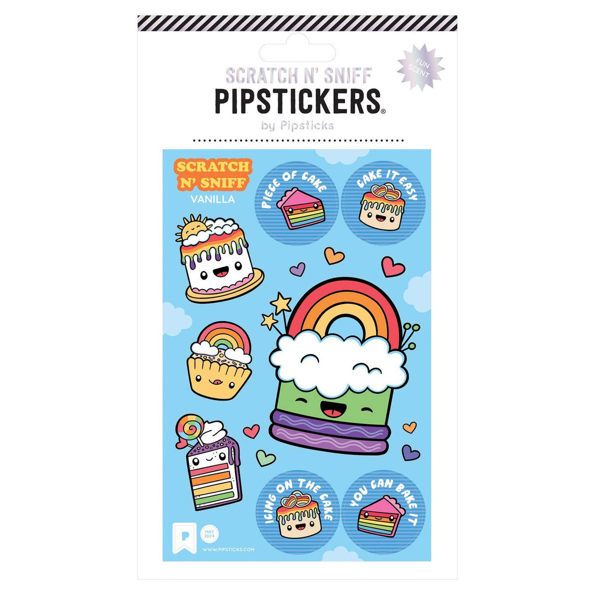 Pack of Pipsticks scratch and sniff stickers with colorful designs on a blue background