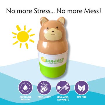 Sun-Baby sun screen roll-on with bear design on a blue and white background