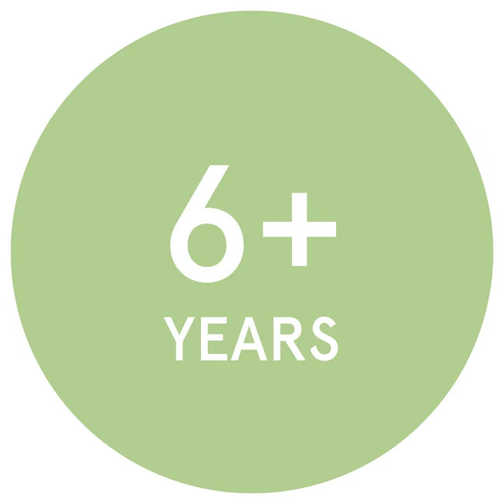A light green circular badge with white text reading '6+ YEARS' on a white background.