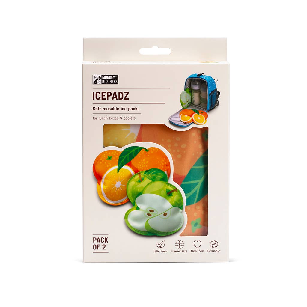 Packaging of Icepadz soft reusable ice packs with images of oranges and a lunch box on a white background.