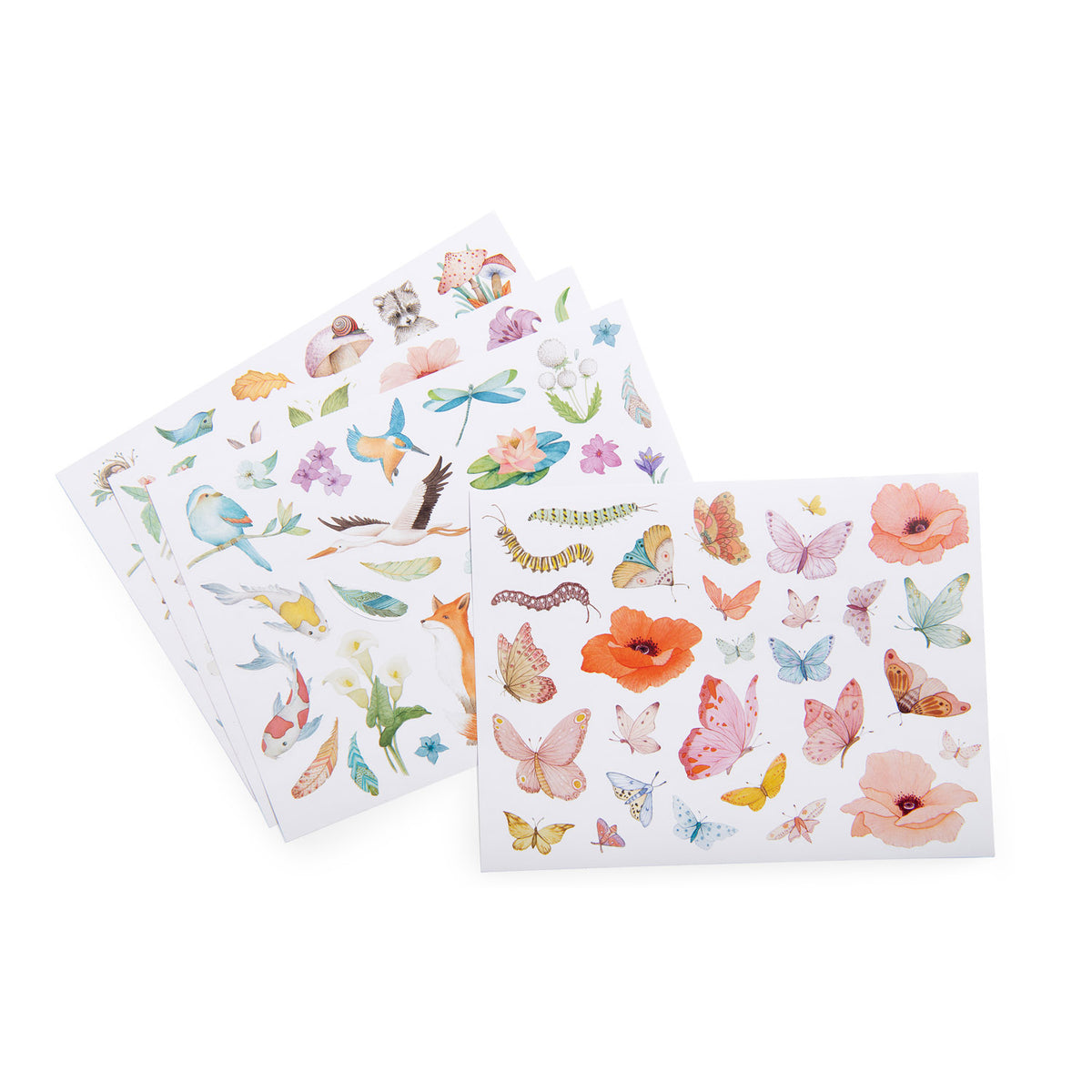 Two sheets of paper with colorful butterfly and flower pattern on a white background