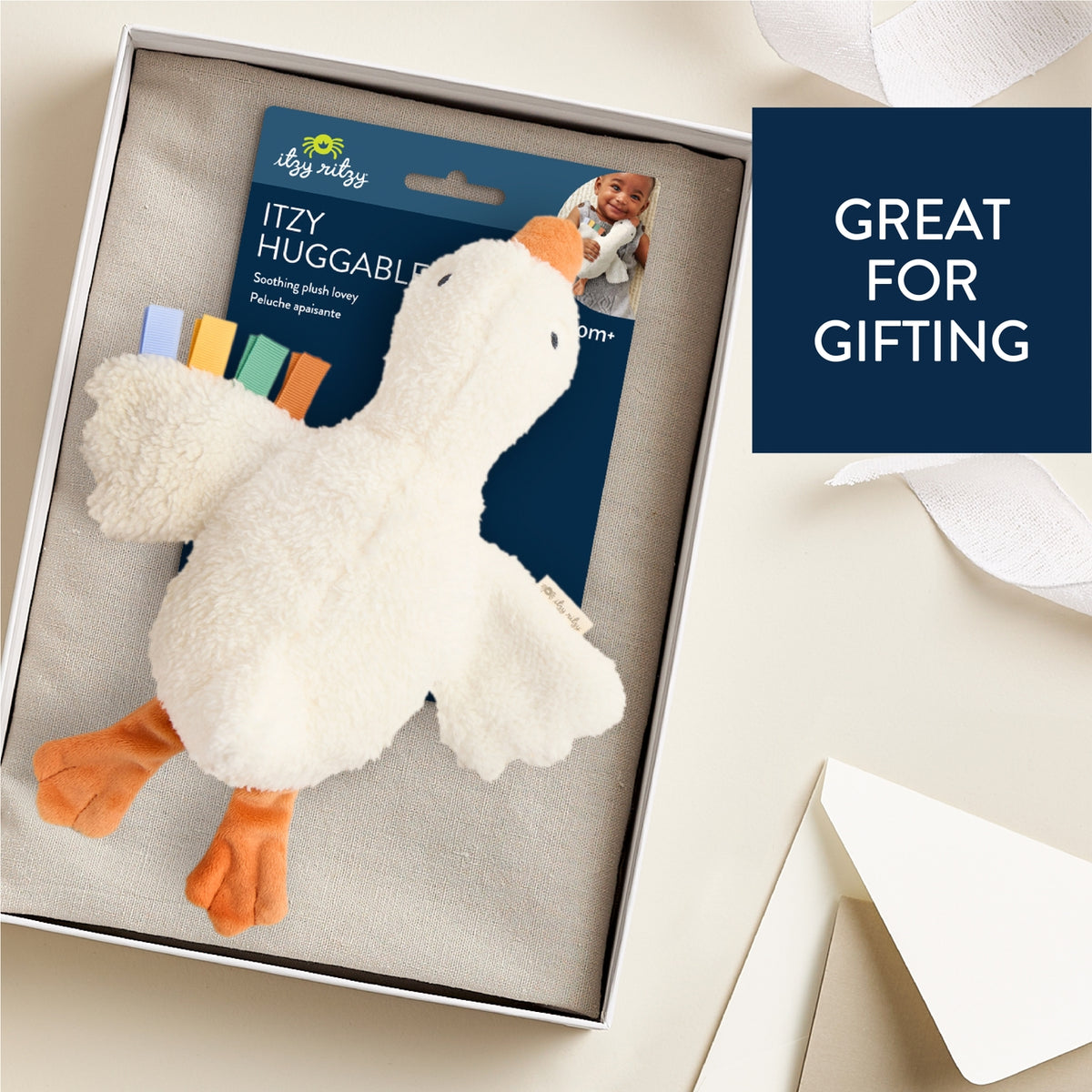 Plush toy goose in a box with packaging and text 'Great for gifting'.