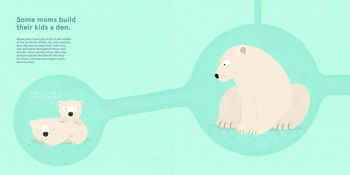 Illustration of a polar bear and its cubs on a light green background