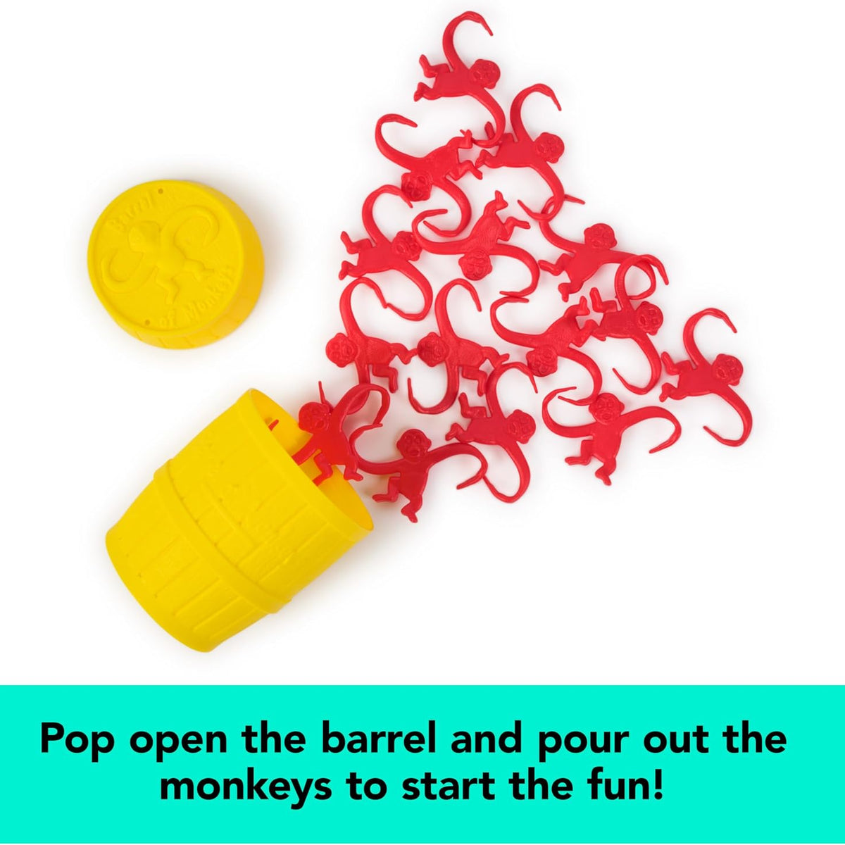 A yellow plastic storage barrel spilling out a cascading chain of red plastic monkeys, accompanied by the text "Pop open the barrel and pour out the monkeys to start the fun!" for the Barrel of Monkeys Game by Continuum Games.