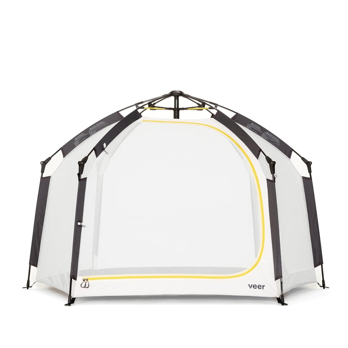 Portable sports tent with black frame and white mesh on a white background, featuring the brand 'veer'.