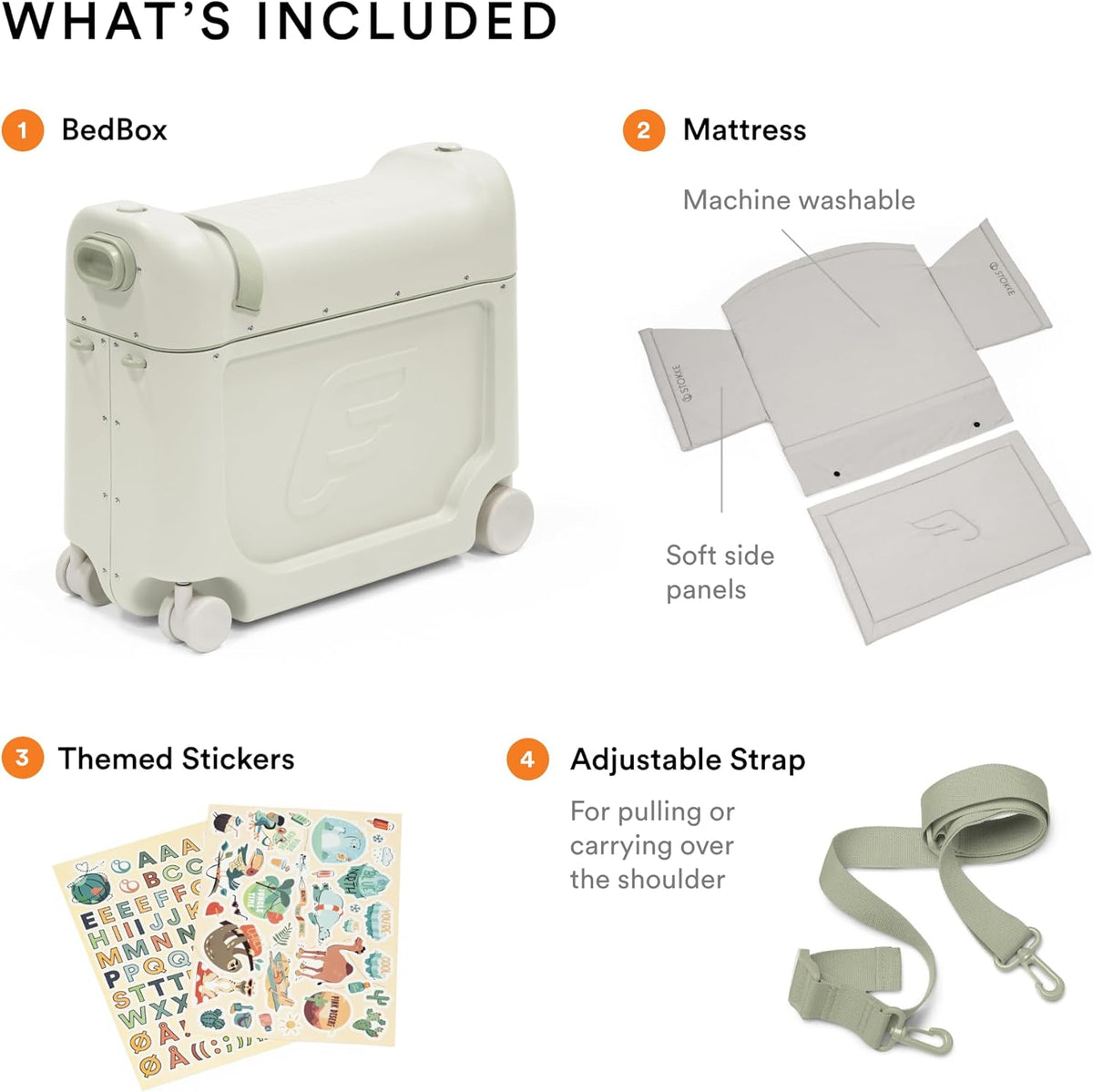 Product packaging with bed box, mattress, themed stickers, and adjustable strap on a white background.
