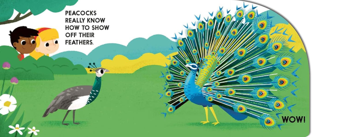 Children's book page with peacocks and children on a green background