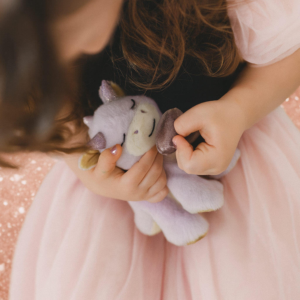 Child holding a plush toy with a soft pink background