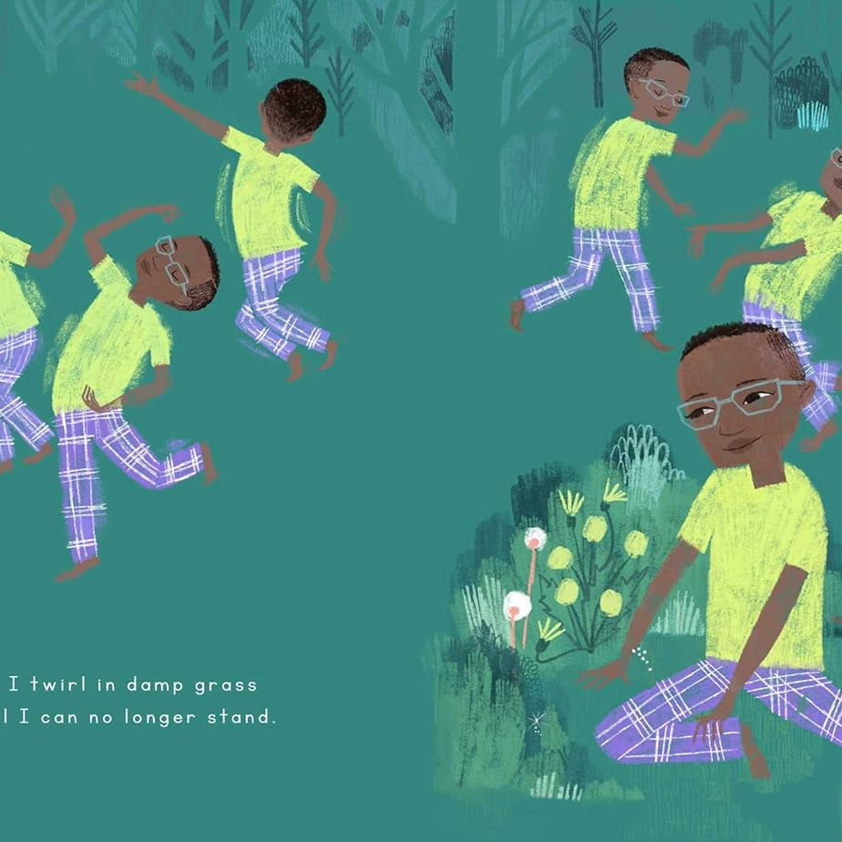 Illustration of children playing in a garden with text on a green background