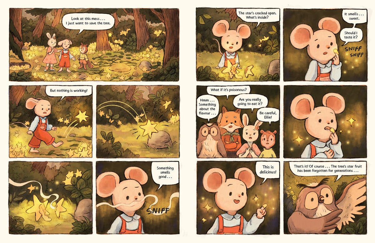 Open pages of The Star Tree: A Starlit Forest Tale featuring multiple comic-style panels with speech bubbles, showing animal characters interacting in a forest, inspecting glowing star objects, and reacting with curiosity and surprise.