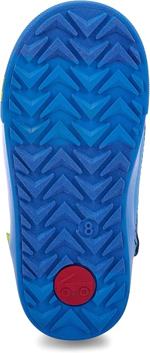 Close-up of the blue treaded sole of a shoe, showing a zigzag pattern and a small red circular logo near the bottom.