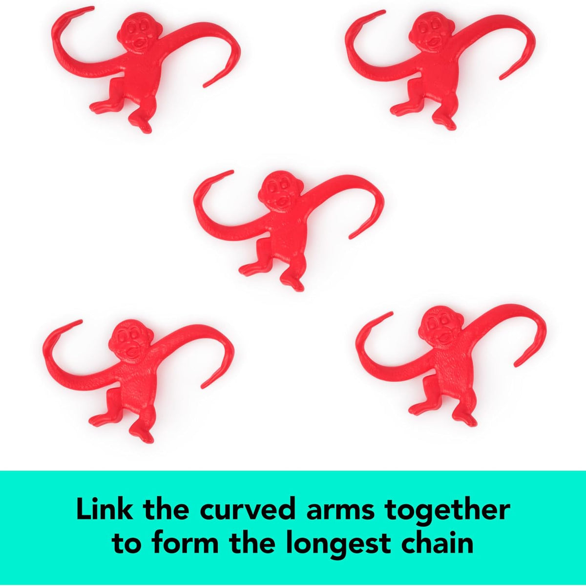 Five red plastic monkeys arranged on a white background, accompanied by the text "Link the curved arms together to form the longest chain" for the Barrel of Monkeys Game by Continuum Games.