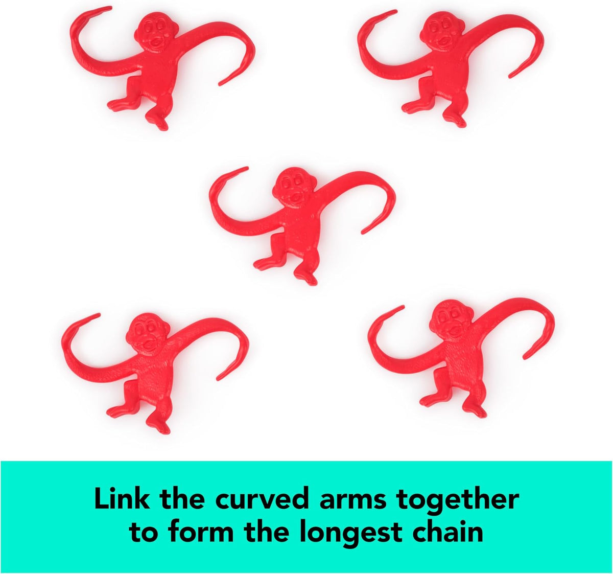 Five red plastic monkeys arranged on a white background, accompanied by the text "Link the curved arms together to form the longest chain" for the Barrel of Monkeys Game by Continuum Games.