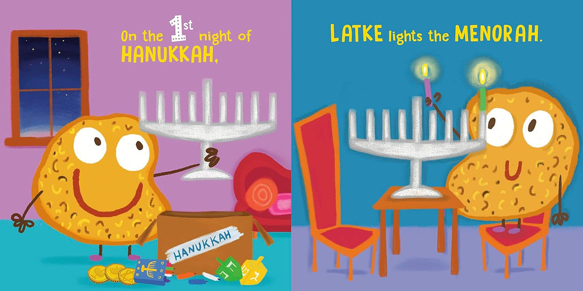 Illustration of a latke character lighting a menorah on the first night of Hanukkah.
