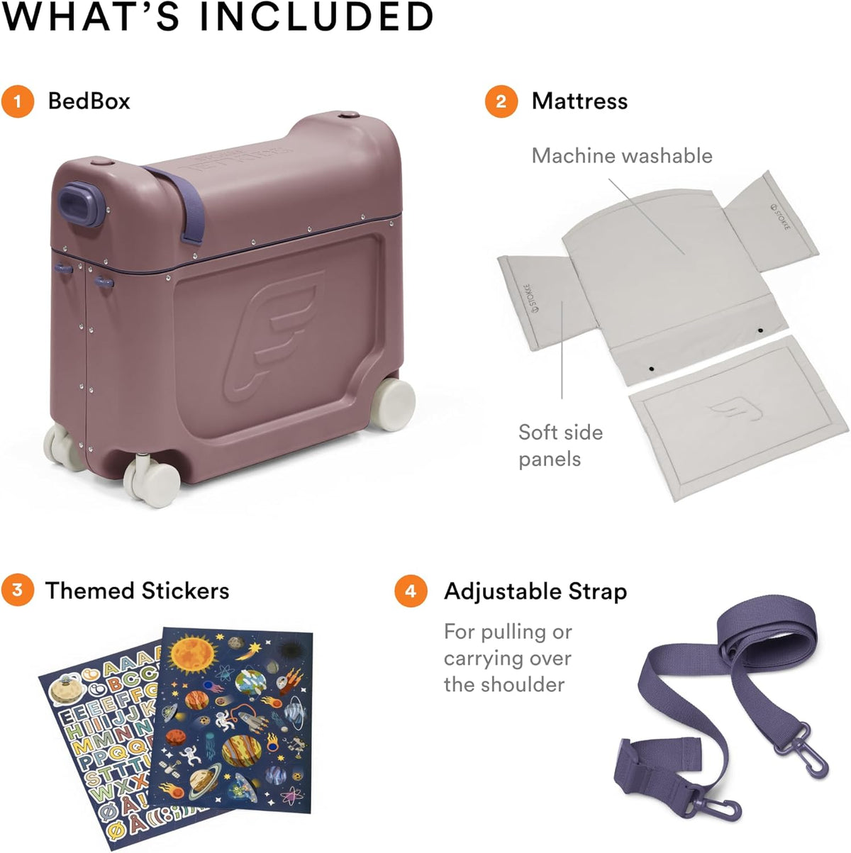 BedBox with mattress, themed stickers, and adjustable strap on a white background
