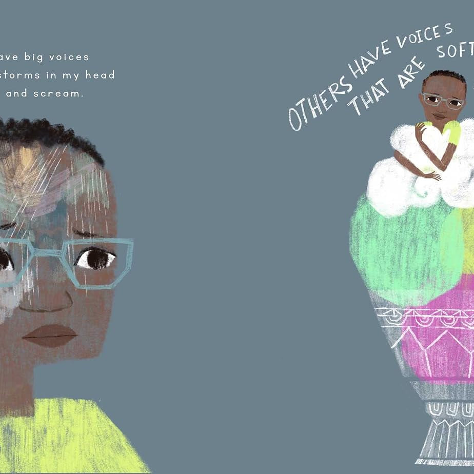 Illustration of a child with glasses and text about different types of voices on a gray background