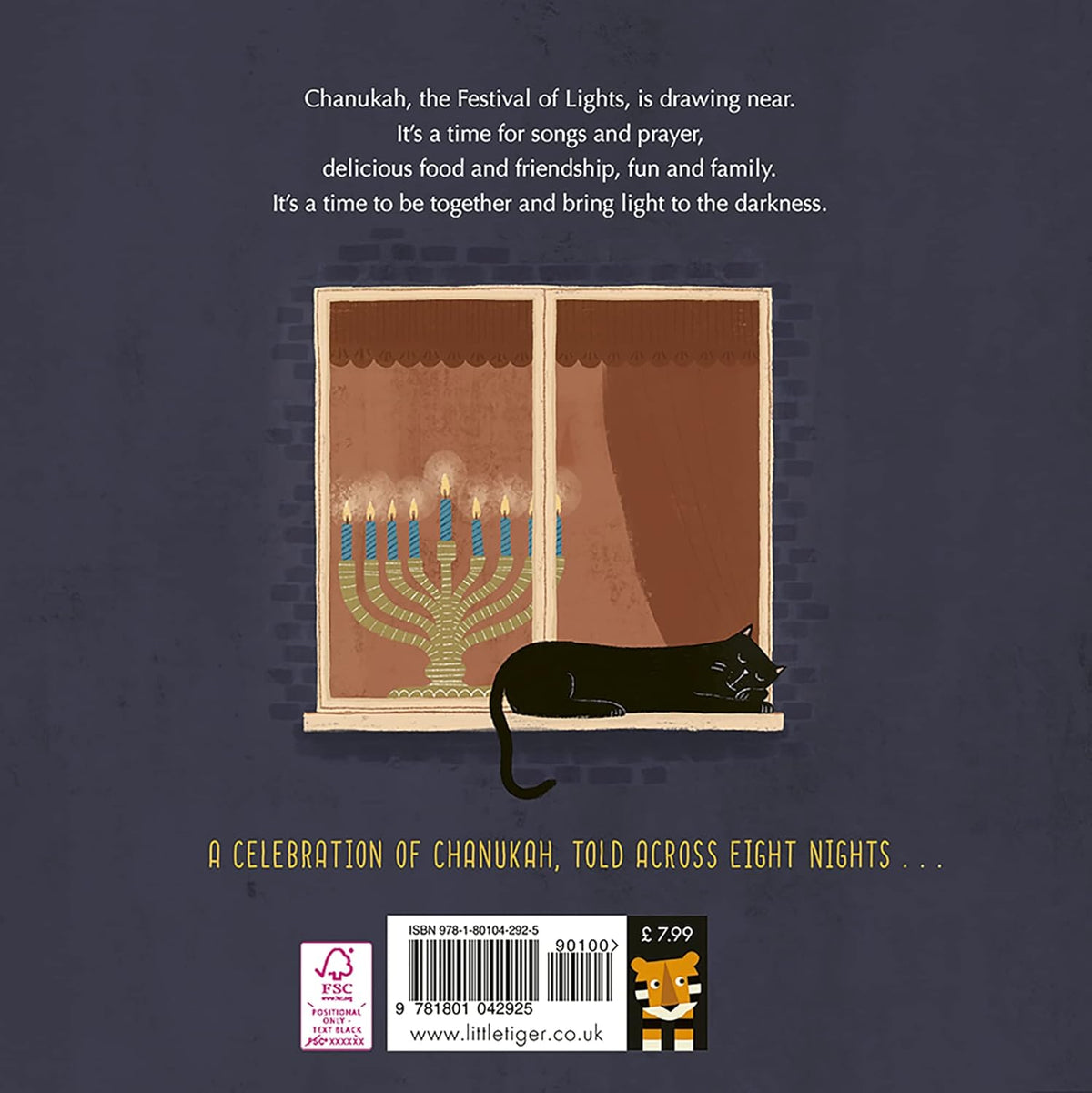 Illustration of a window with a menorah and a cat, set against a dark background with text about Chanukah.